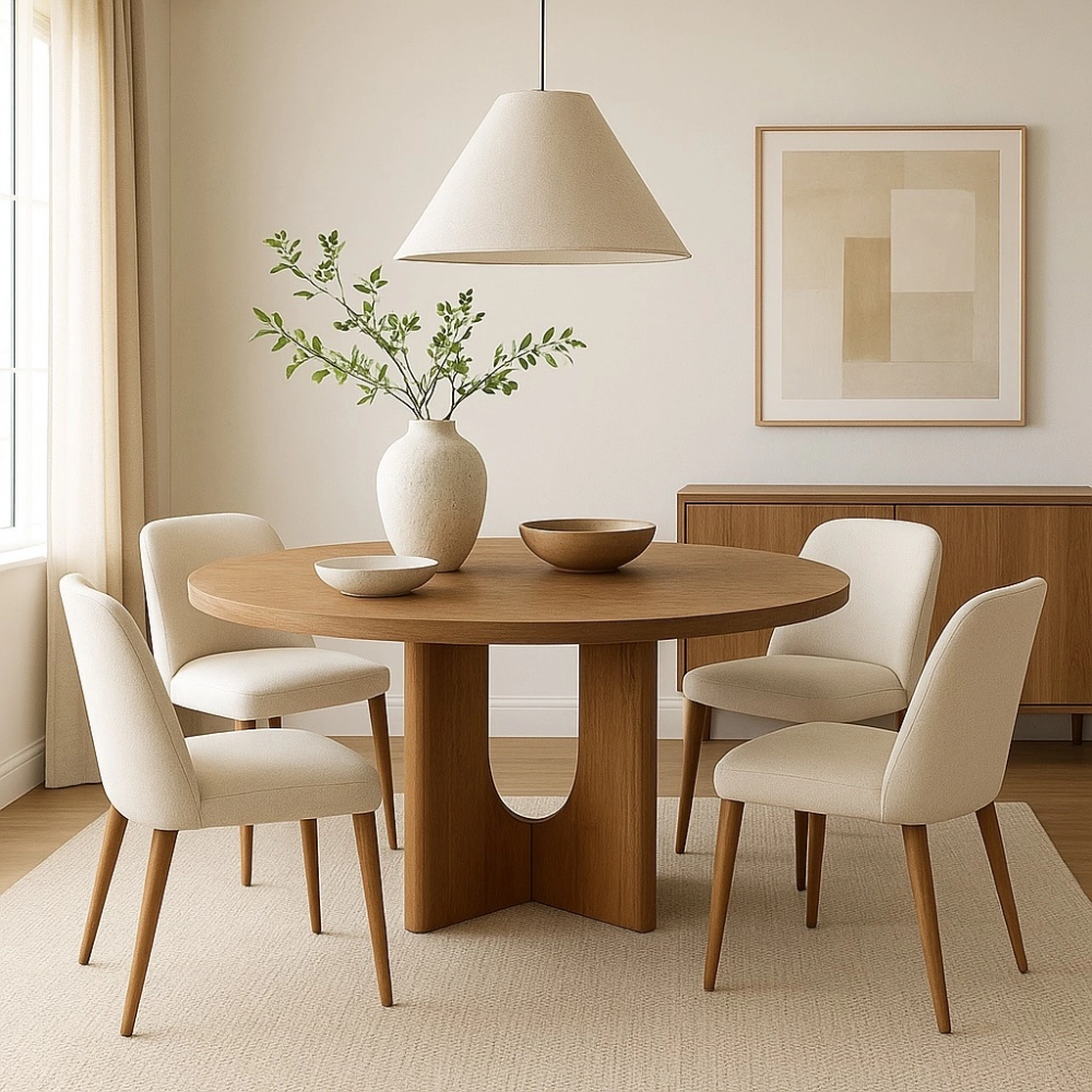 Không gian bếp với bàn ăn gỗ hiện đại tối giản