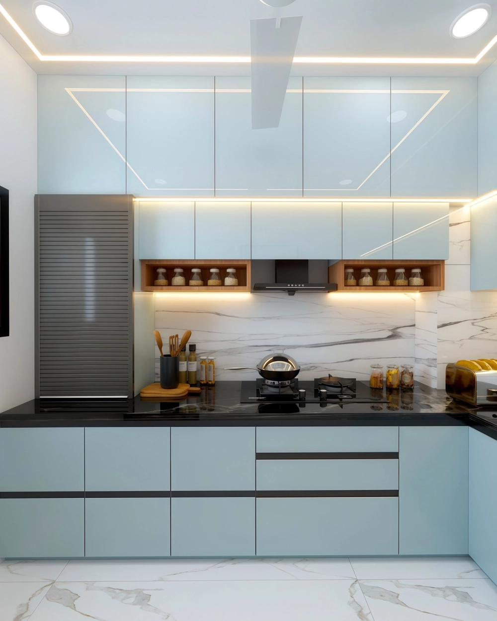 Sự sang trọng của mẫu bếp chữ l có bàn đảo đá marble