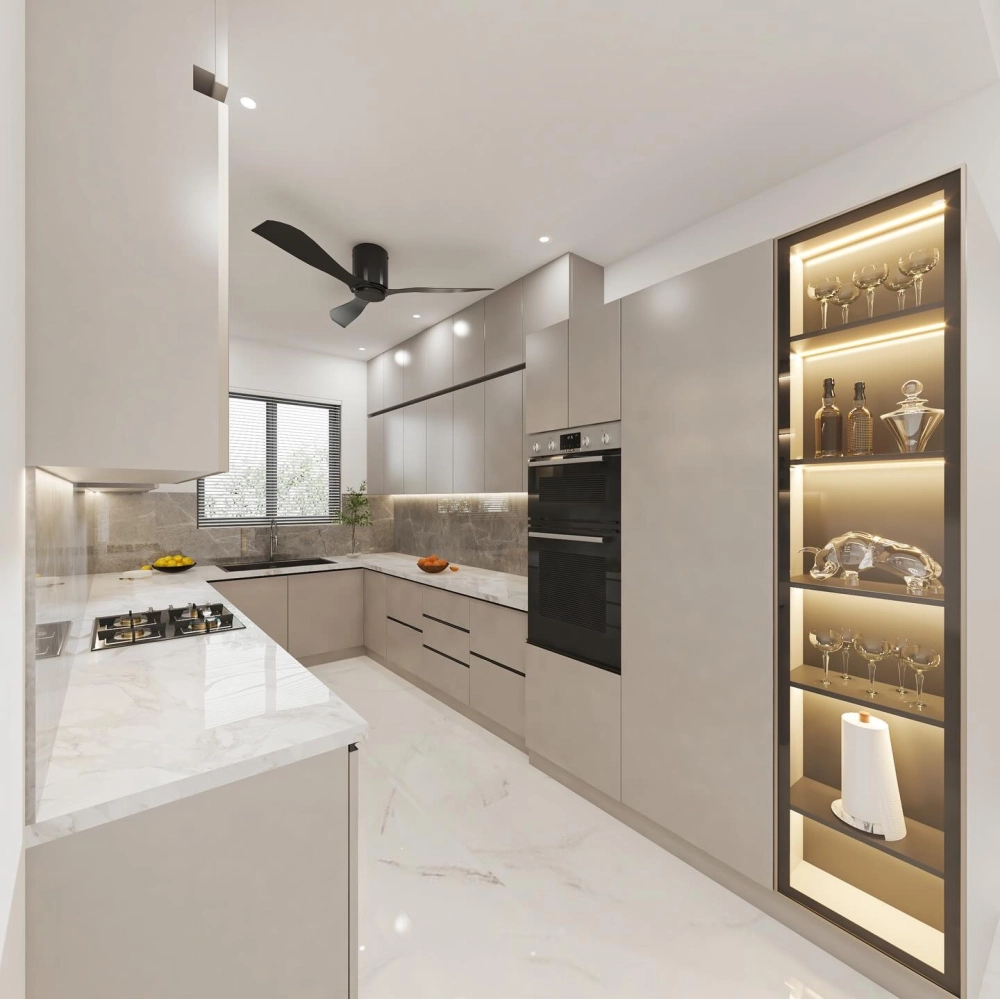 Không gian nội thất hiện đại với thiết kế bếp hình chữ l tiện nghi