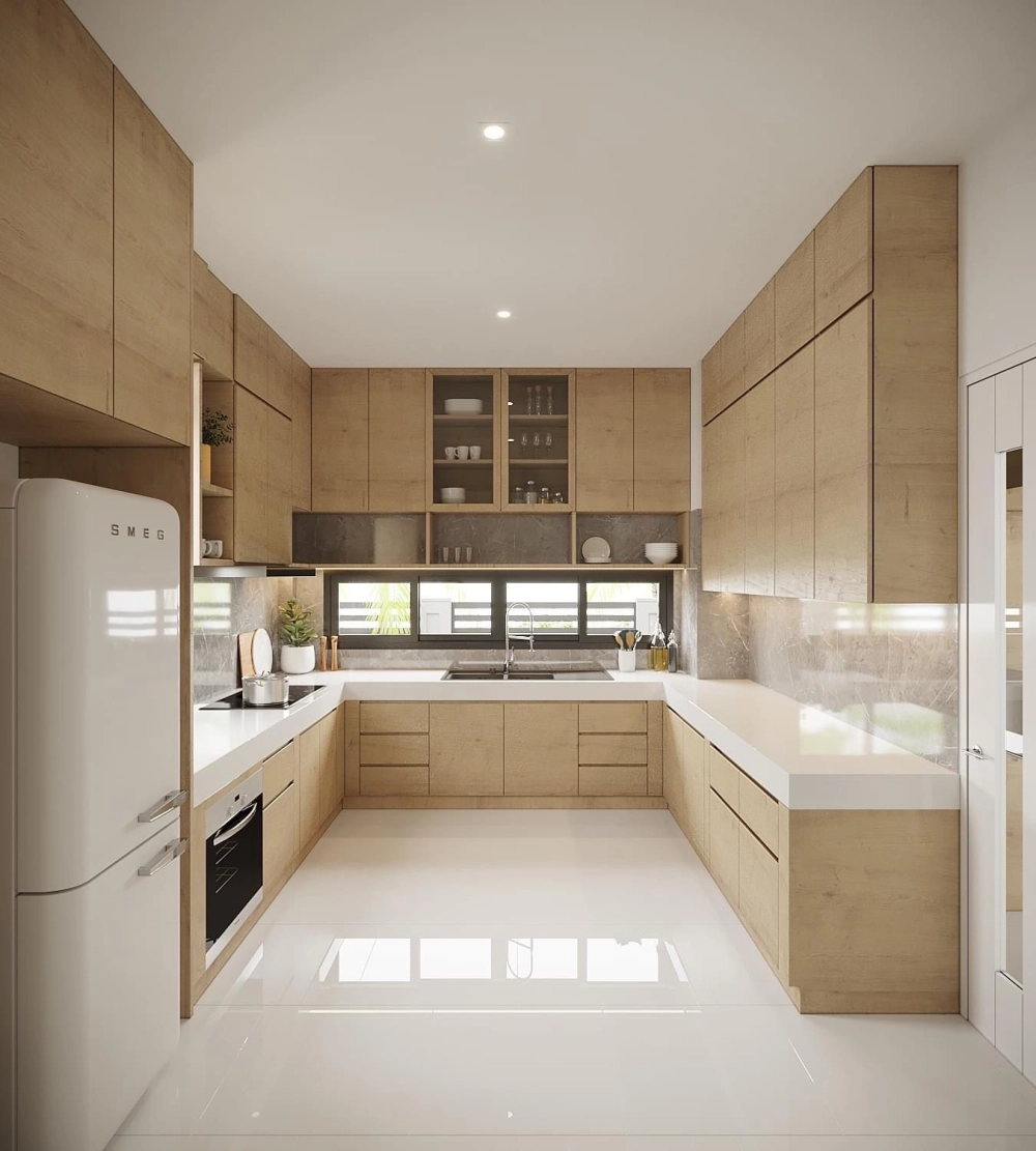 Mẫu tủ bếp chữ u gỗ sồi tự nhiên ấm cúng