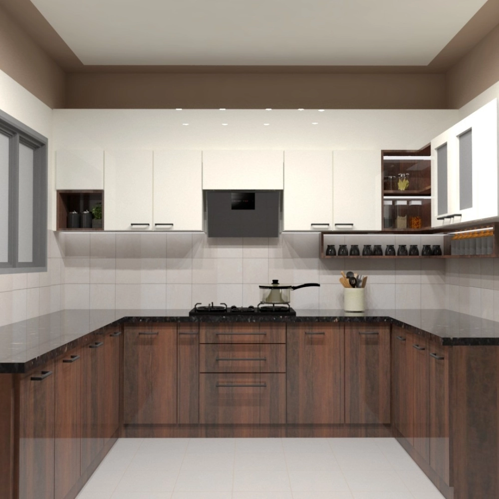 Khoảng cách lối đi bếp chữ u rộng rãi thoáng mát