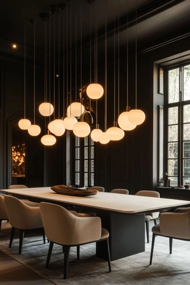 Không gian bếp ấm cúng với đèn thả bàn ăn màu vàng dịu nhẹ