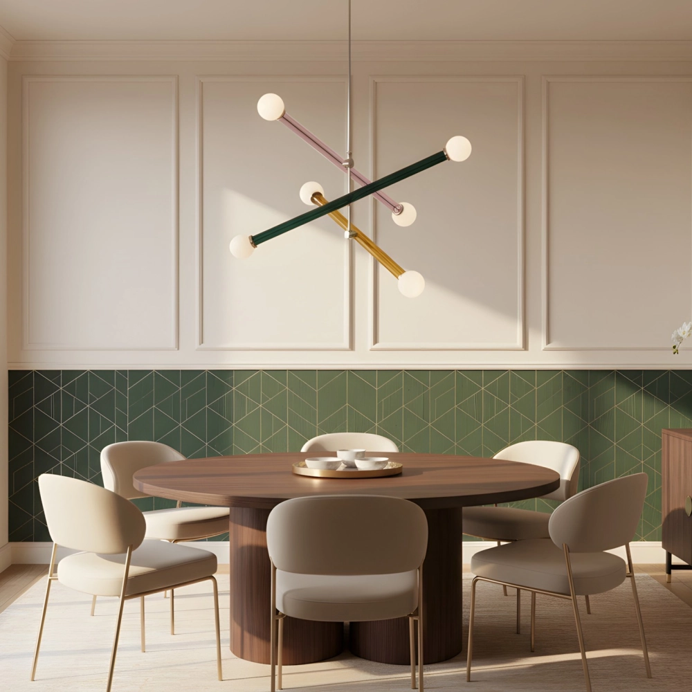 Không gian phòng ăn lãng mạn dưới ánh sáng đèn thả bàn ăn hiện đại