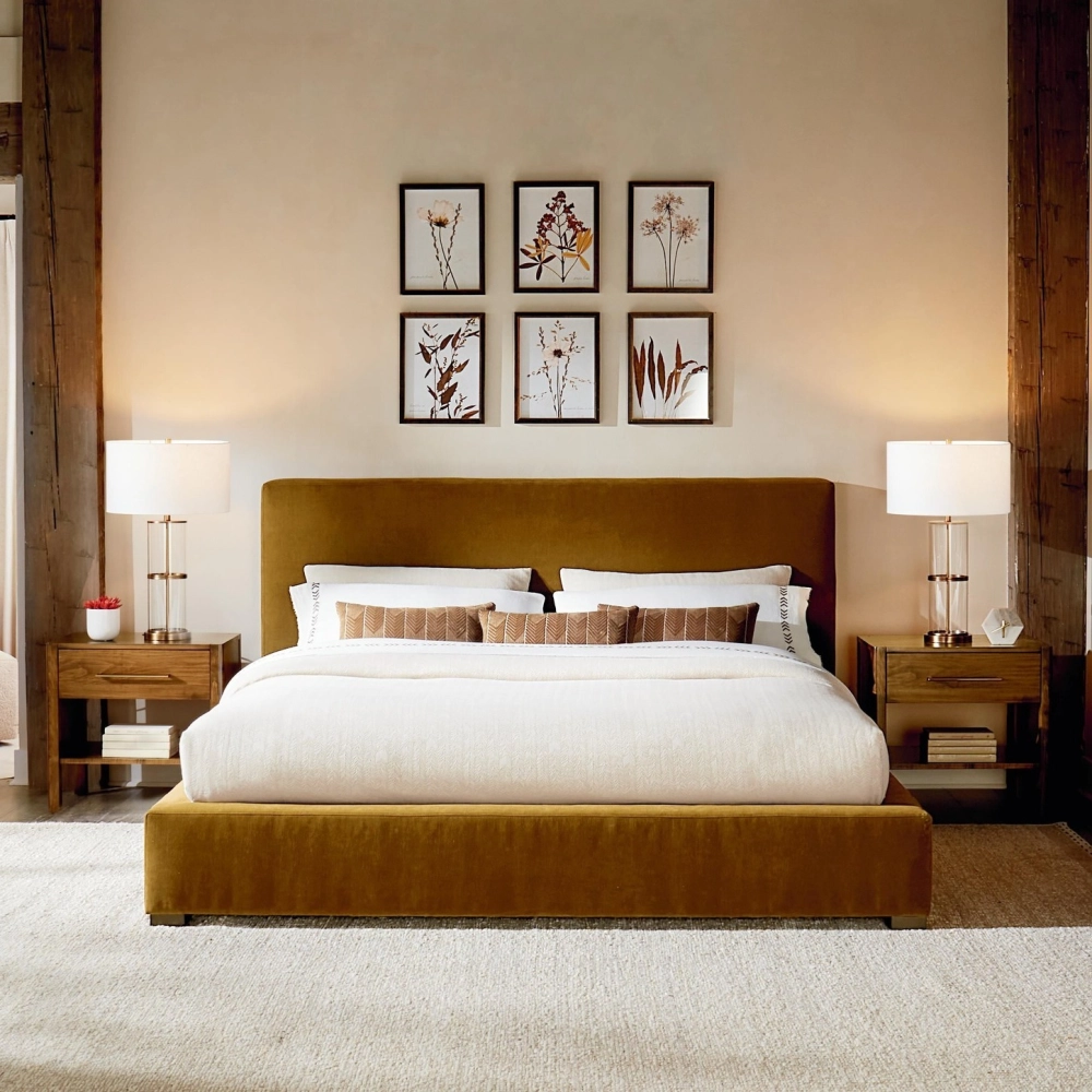 Giường bọc nỉ chân cao kim loại mạ vàng đẳng cấp