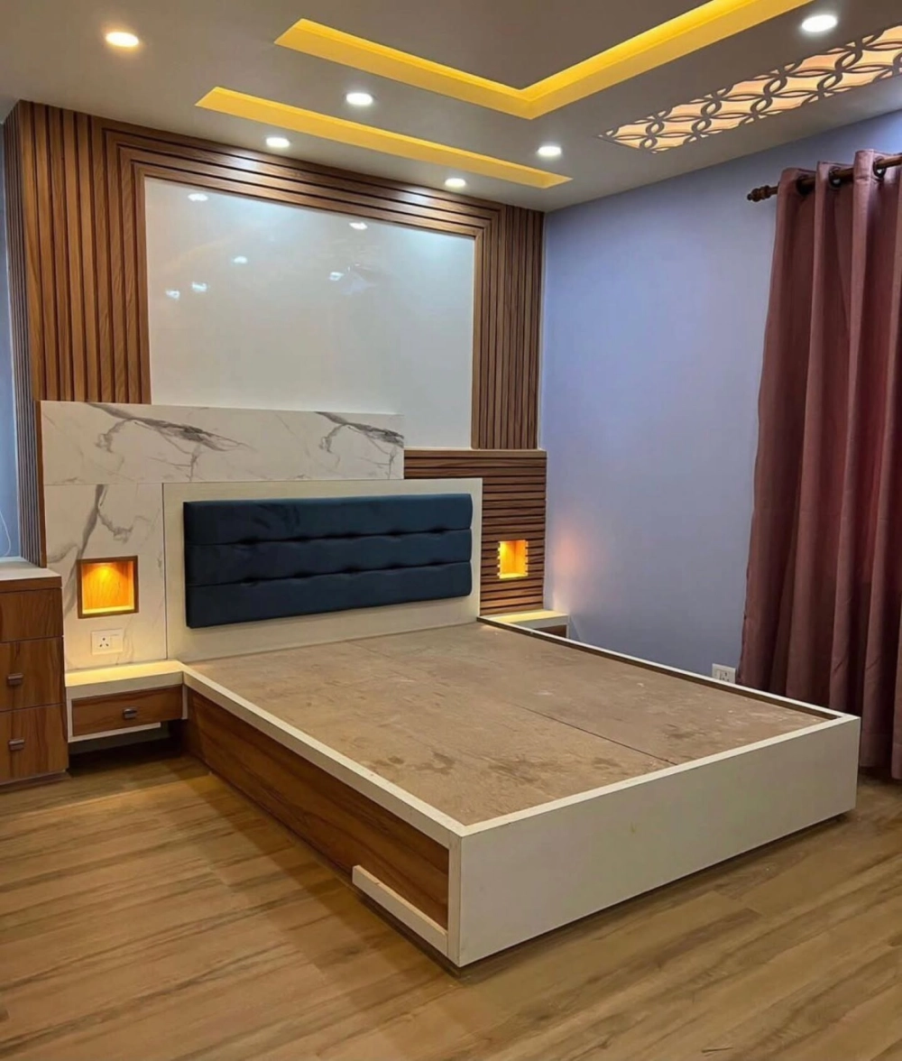 Giường ngủ đẹp bọc da màu xám hiện đại