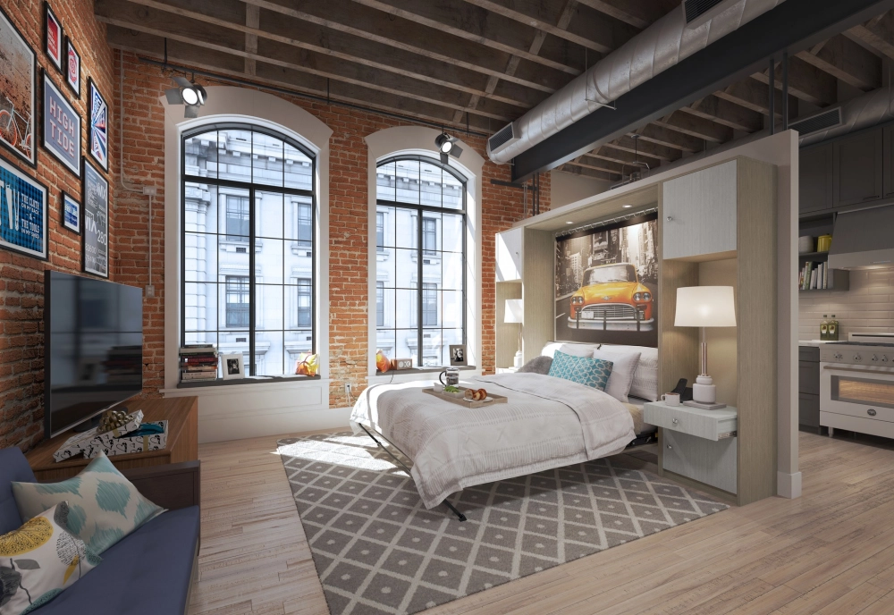 Giường thông minh kết hợp sofa màu xám hiện đại cho phòng khách