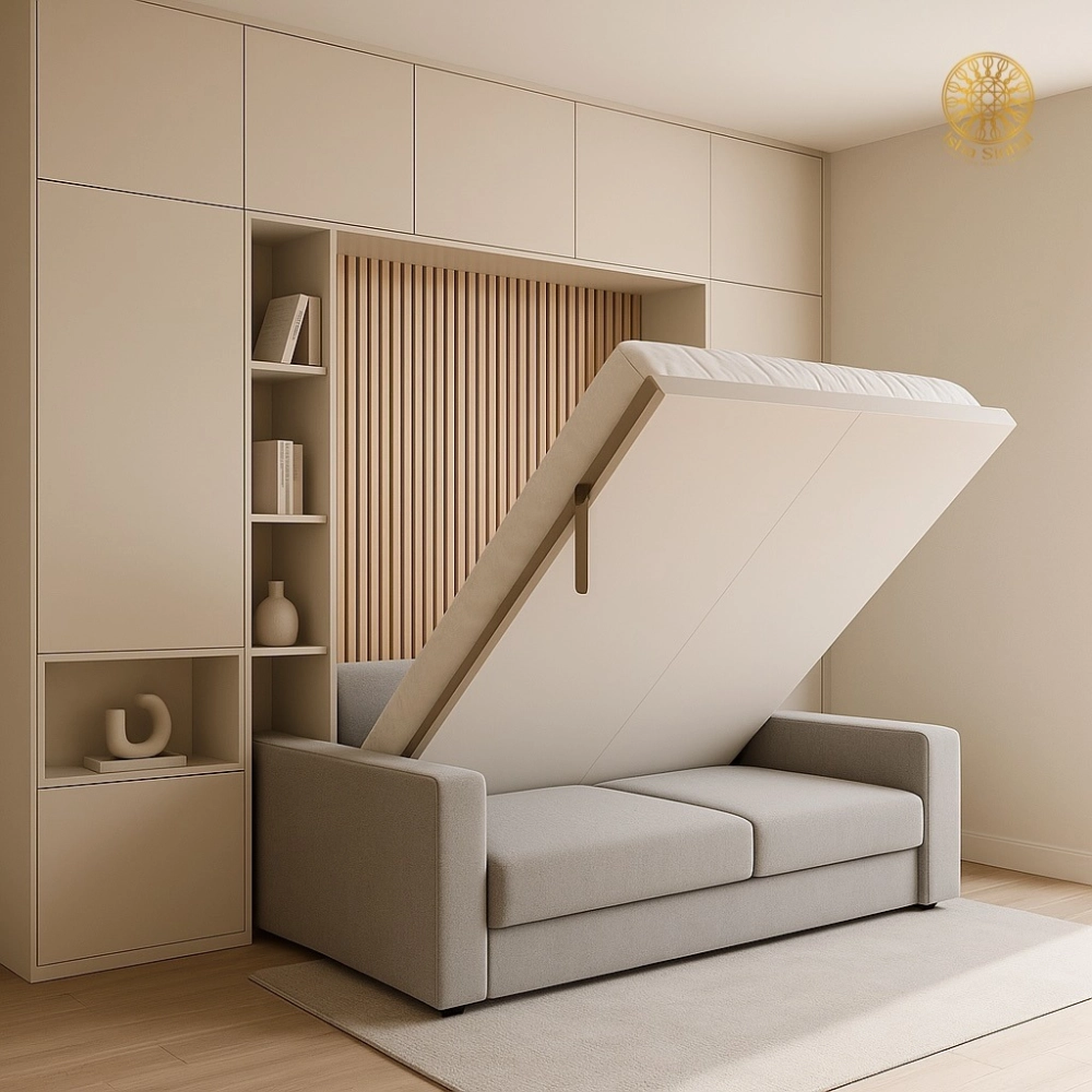 Mẫu giường tường gấp gọn biến thành tủ trang trí