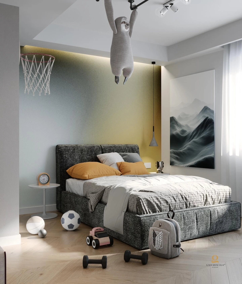 Giường ngủ bọc nệm êm ái cho phòng ngủ bé trai sang trọng