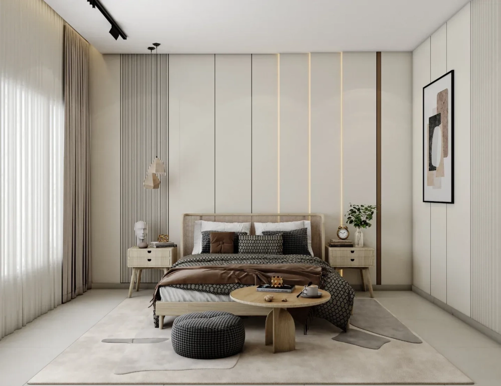 Thiết kế phòng ngủ master sang trọng với nội thất hiện đại và hệ thống ánh sáng ấm cúng