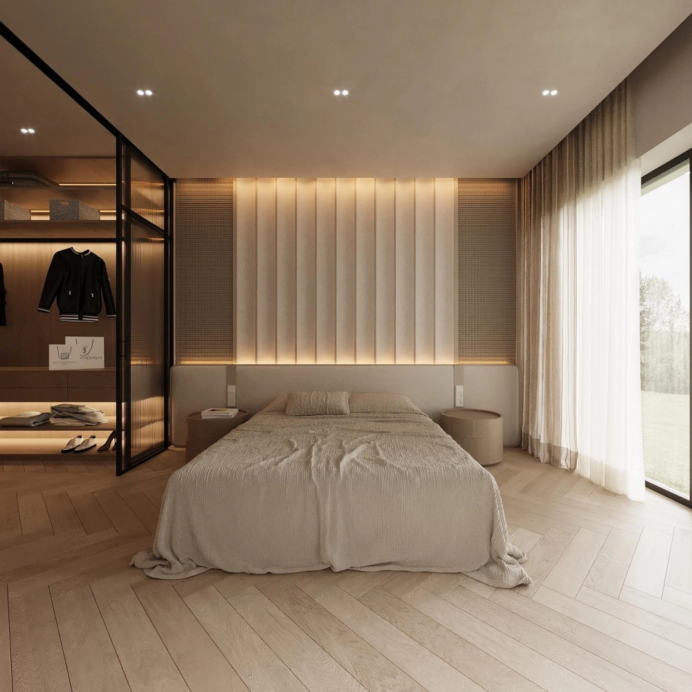 Mẫu phòng ngủ master có ban công rộng trồng nhiều cây xanh