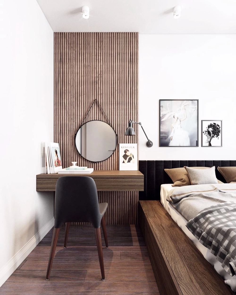 Trang trí kệ treo tường phòng ngủ nhỏ để sách và cây xanh mini