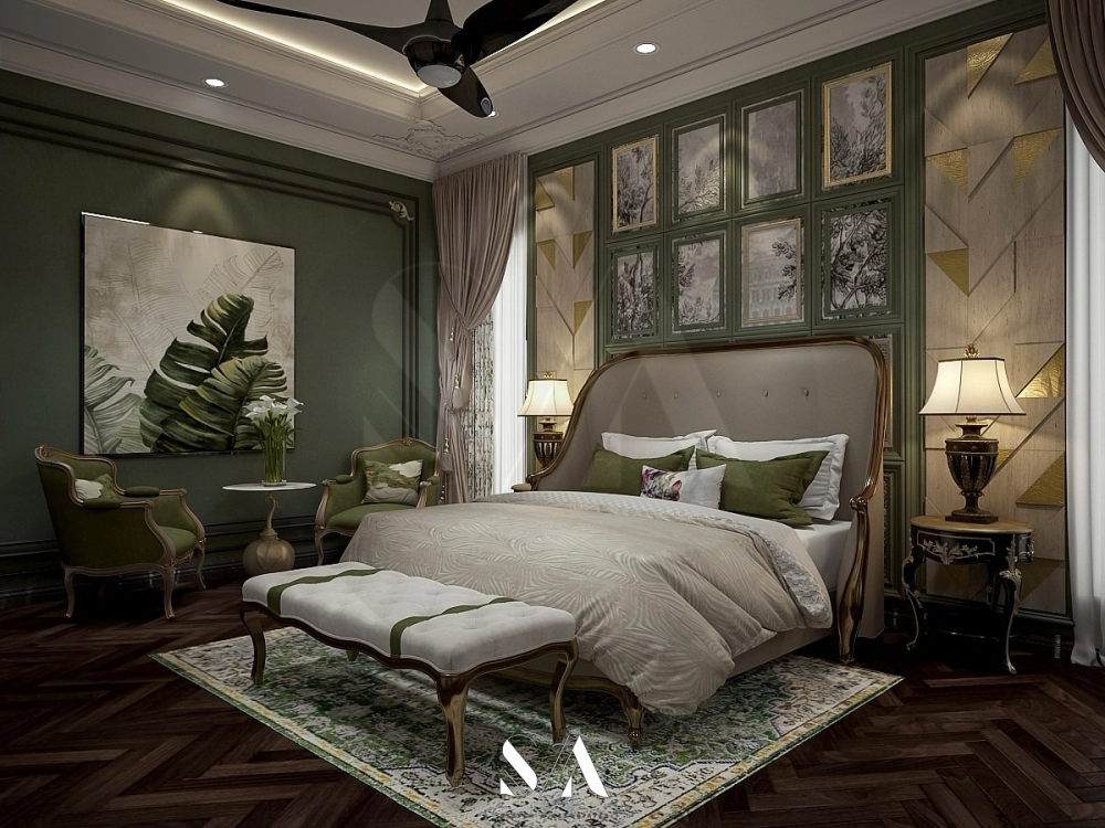 Điểm nhấn vách đầu giường tân cổ điển bọc nhung màu xanh rêu