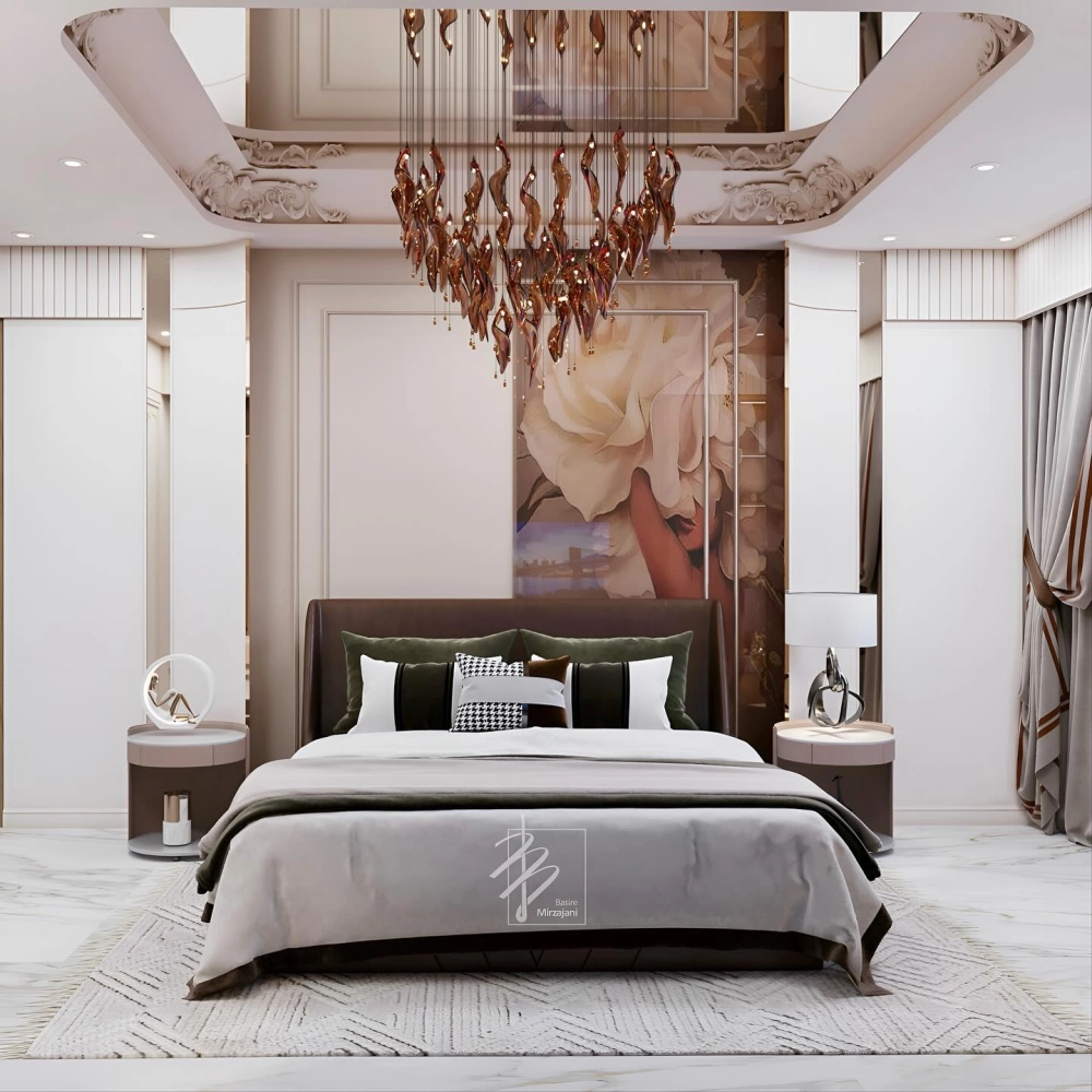 Sự kết hợp giữa nội thất gỗ và đệm bọc da trong phòng ngủ