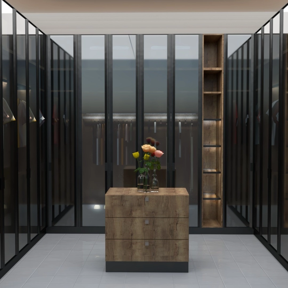 Mẫu tủ áo cánh kính khung nhôm màu đen huyền bí kết hợp đèn led