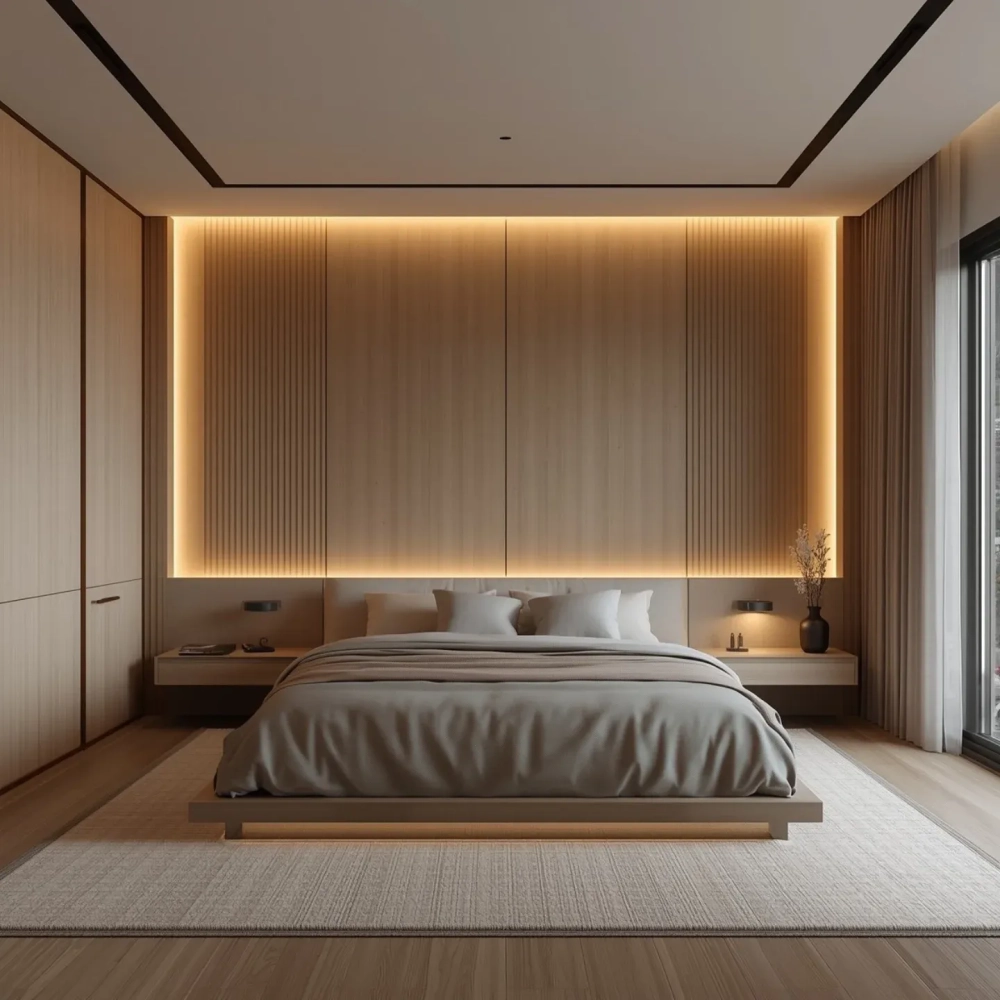 Không gian sang trọng với vách đầu giường nhựa giả đá kết hợp nẹp vàng