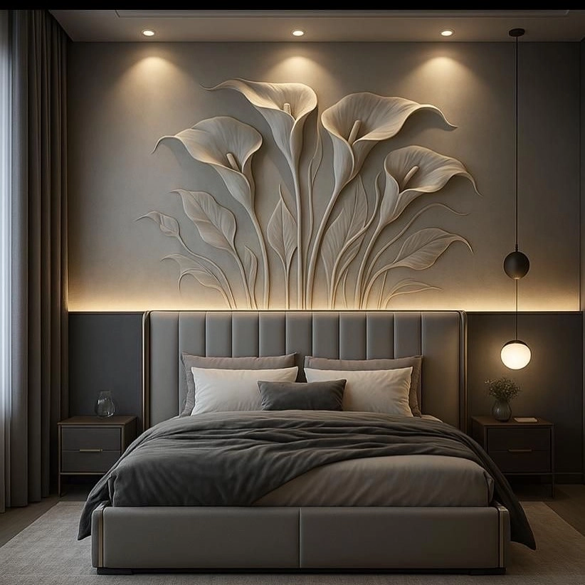 Thiết kế vách đầu giường gỗ công nghiệp kết hợp đèn led hắt sáng hiện đại