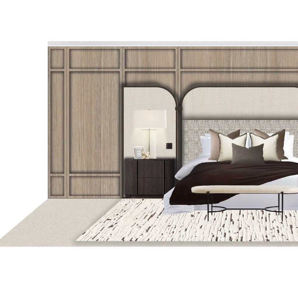 Sự kết hợp giữa vách đầu giường nhựa giả đá và vách nan gỗ