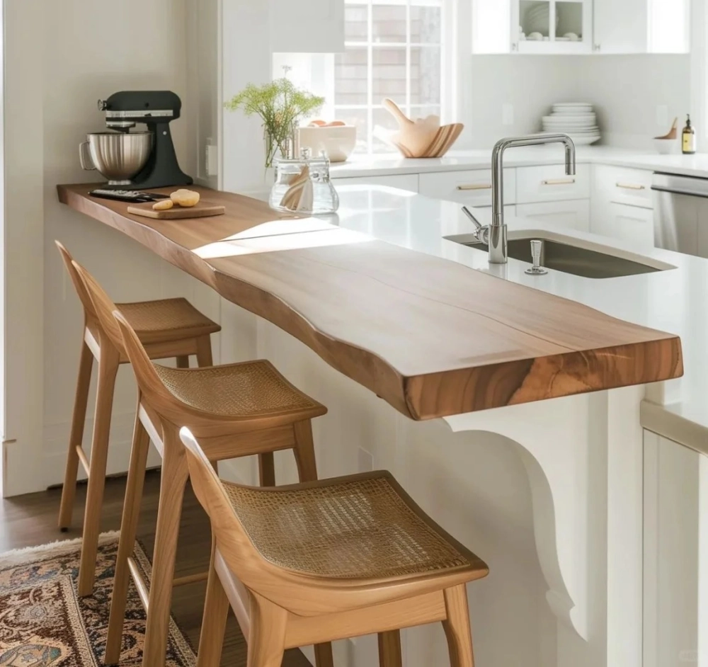 Đảo bếp gỗ tần bì màu sắc tươi sáng cho căn bếp nhỏ