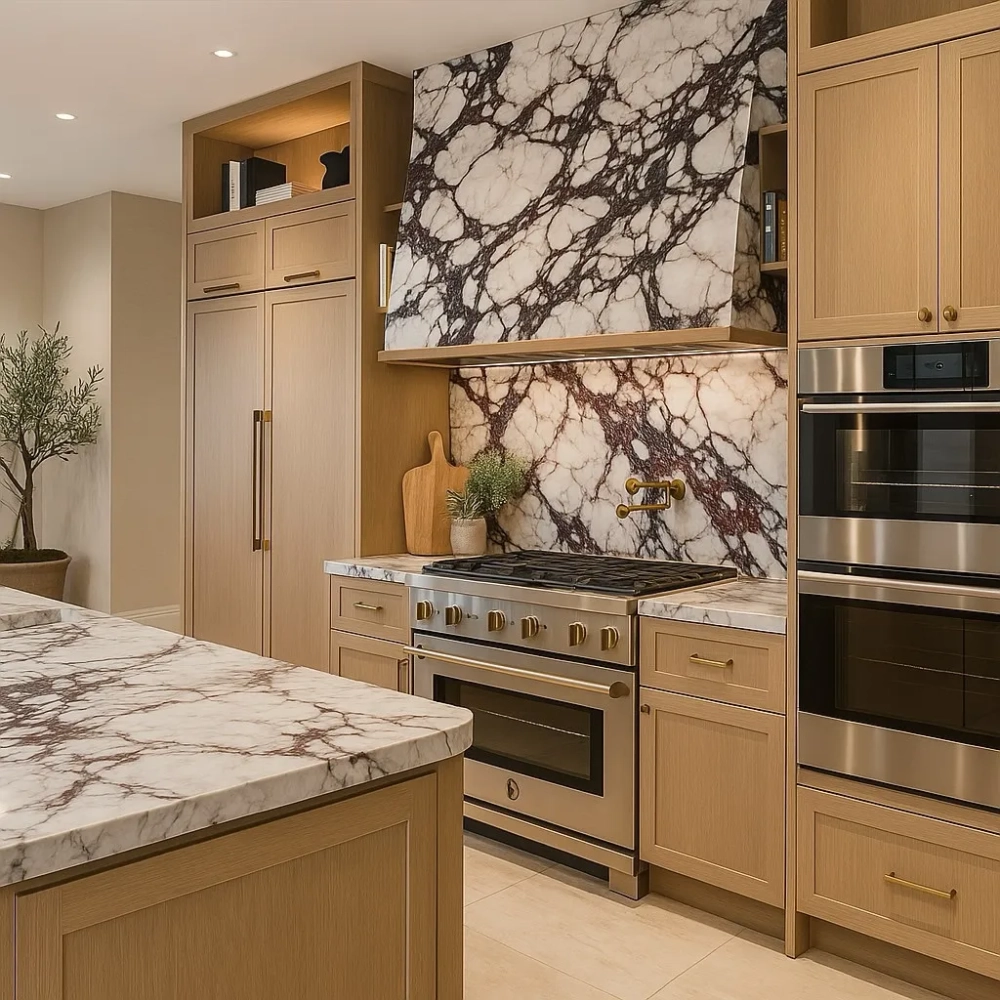 Đá trắng vân mây ốp bếp phong cách tối giản cho nhà phố