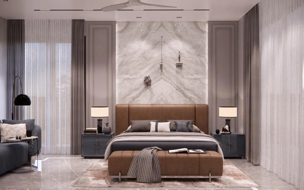 Giường ngủ bọc da màu nâu trong nội thất đẳng cấp