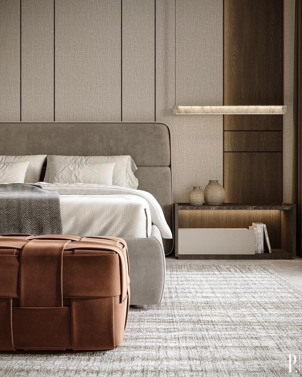 Giường ngủ bọc da màu kem phong cách tối giản thanh lịch