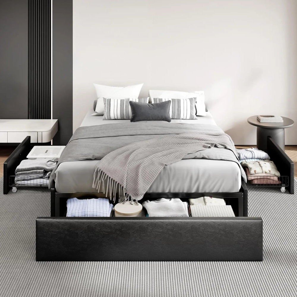 Giường ngủ bọc da màu cam đất nổi bật trong không gian mở