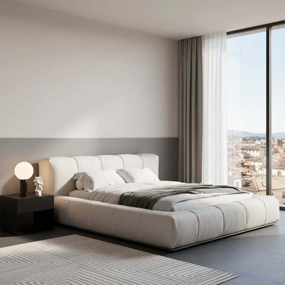 Giường ngủ bọc da màu trắng kem thiết kế sang trọng