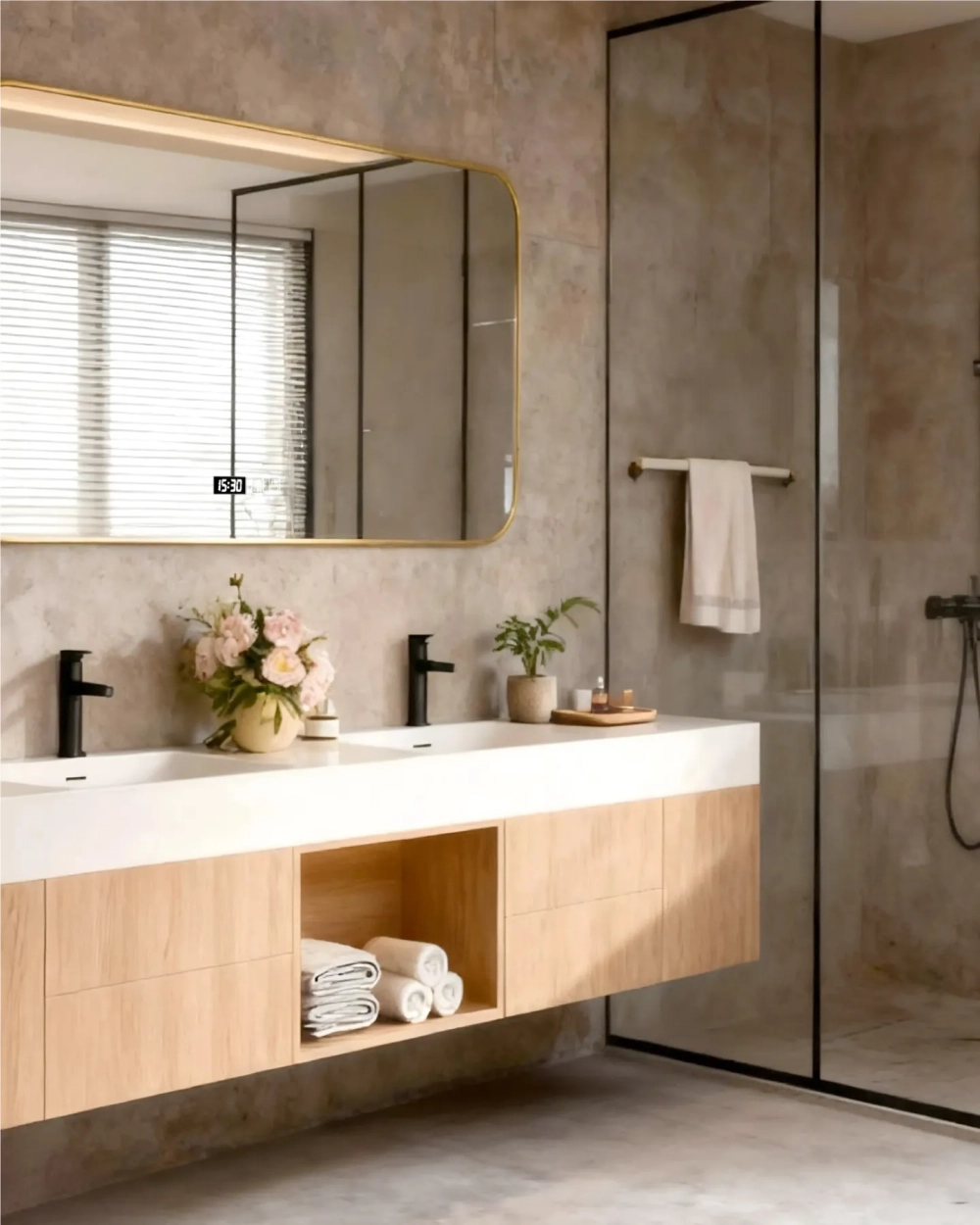 Nội thất phòng tắm hiện đại có bồn tắm và gương led cảm ứng