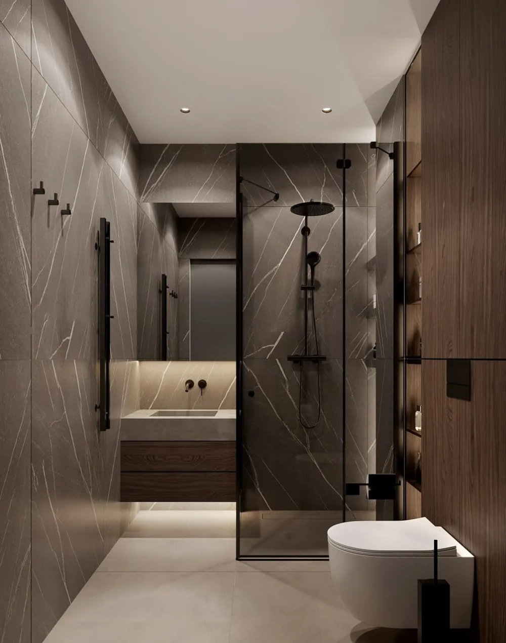 Gương oval và tường đá sang trọng trong phòng tắm hiện đại