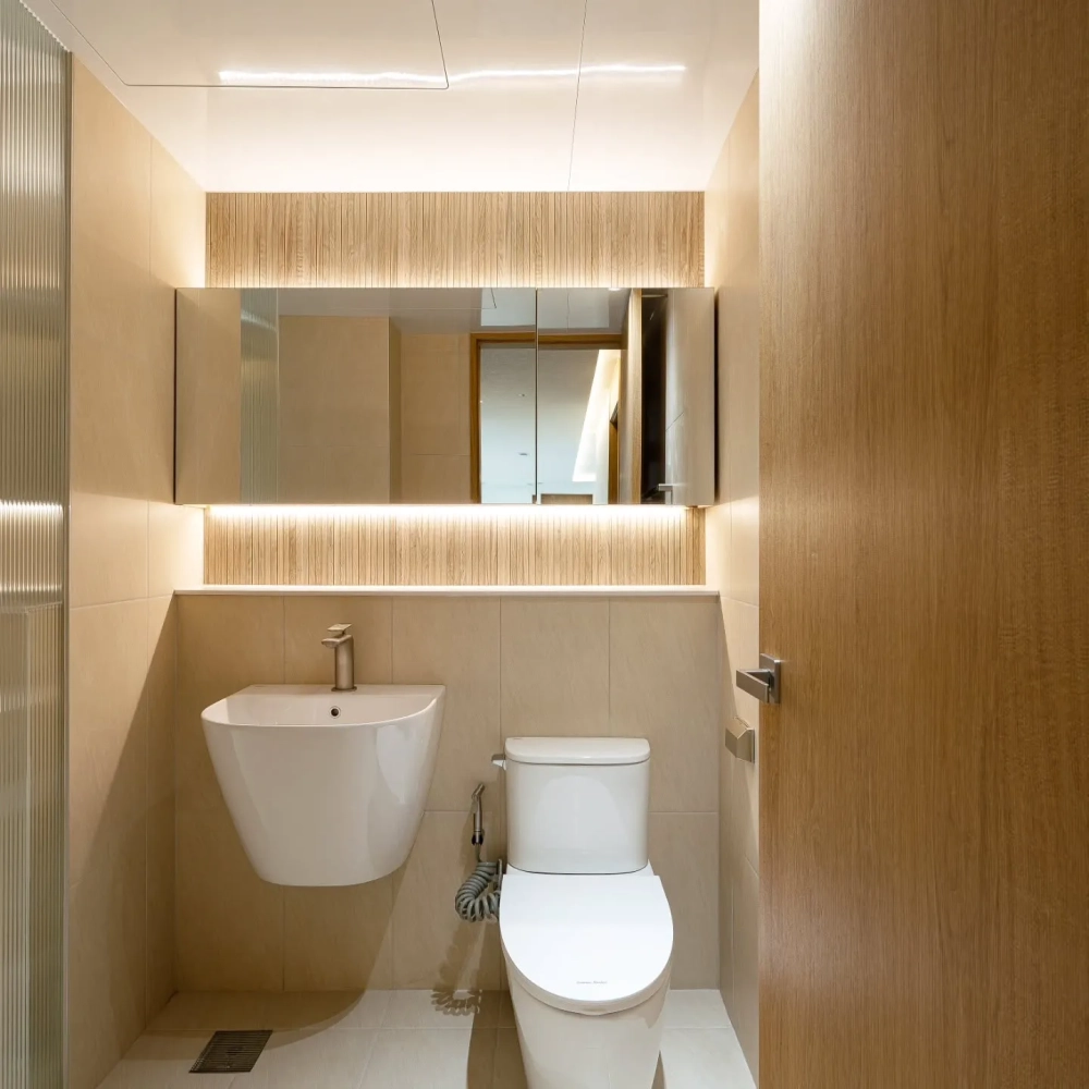 Gương soi đèn led âm tường tại phòng tắm hiện đại