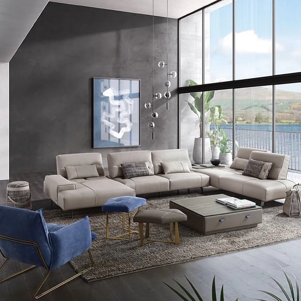 Sofa góc chữ L chân inox mạ vàng sang chảnh